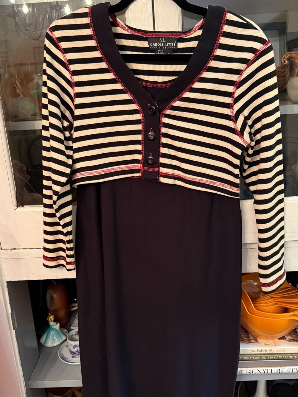 Vintage Carole Little Black and Ivory Striped Knit Dress with Red Stitching